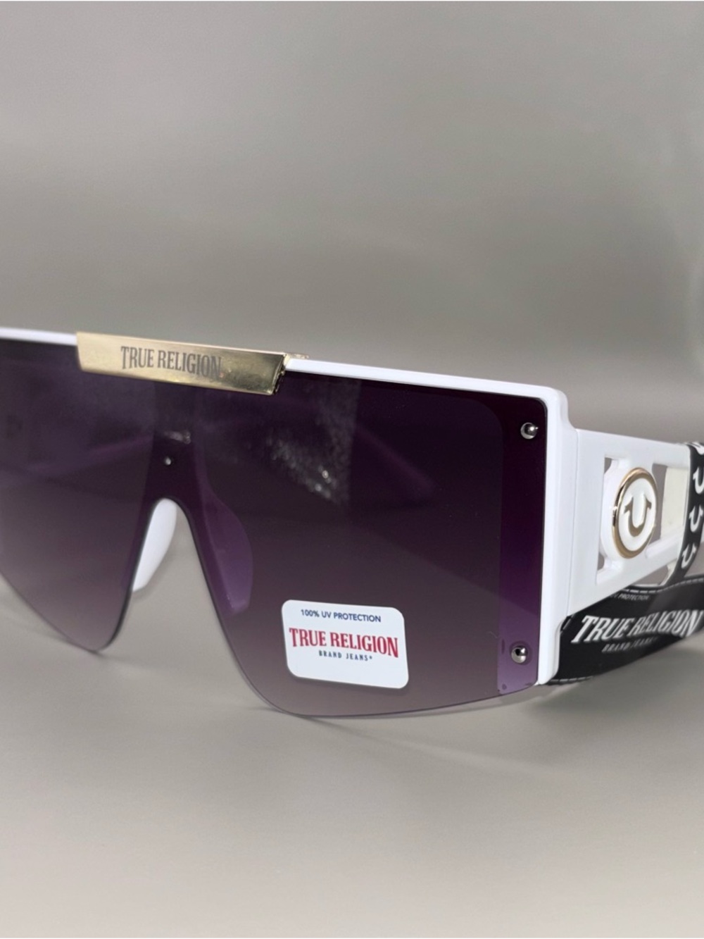 True Religion Oversized Shield Sunglasses White Gold Purple Gradient NWT